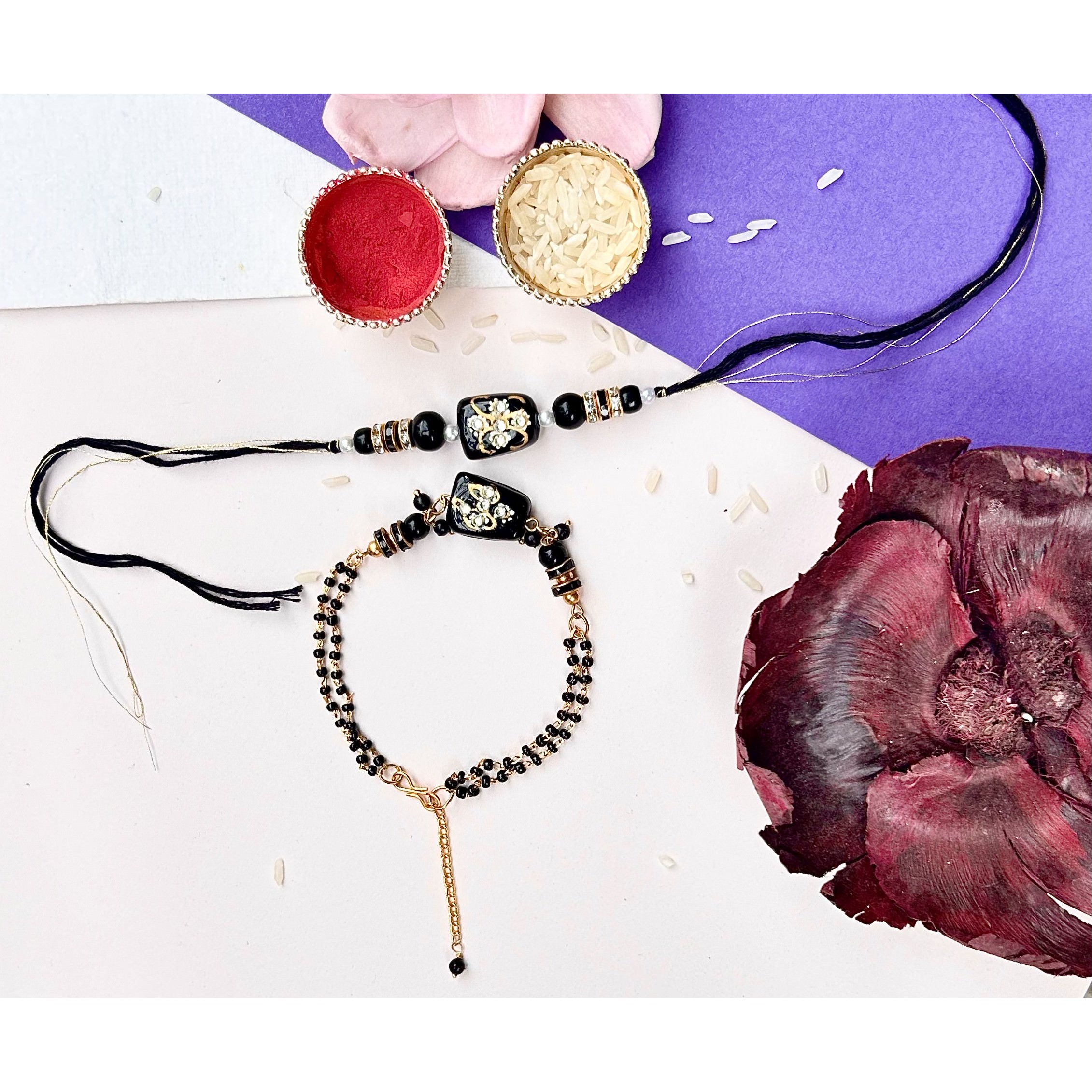 Black Tumble Bead Mangal sutra Rakhi Pair