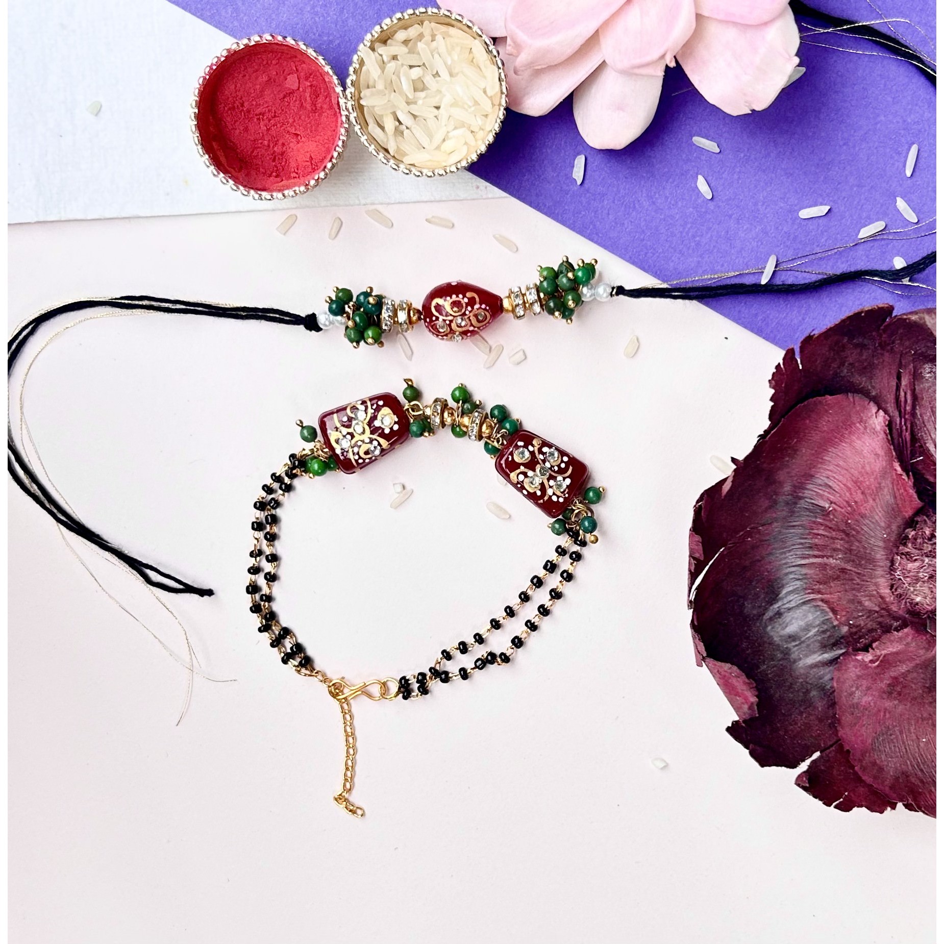 Maroon Tumble bead Mangal Sutra Rakhi Pair