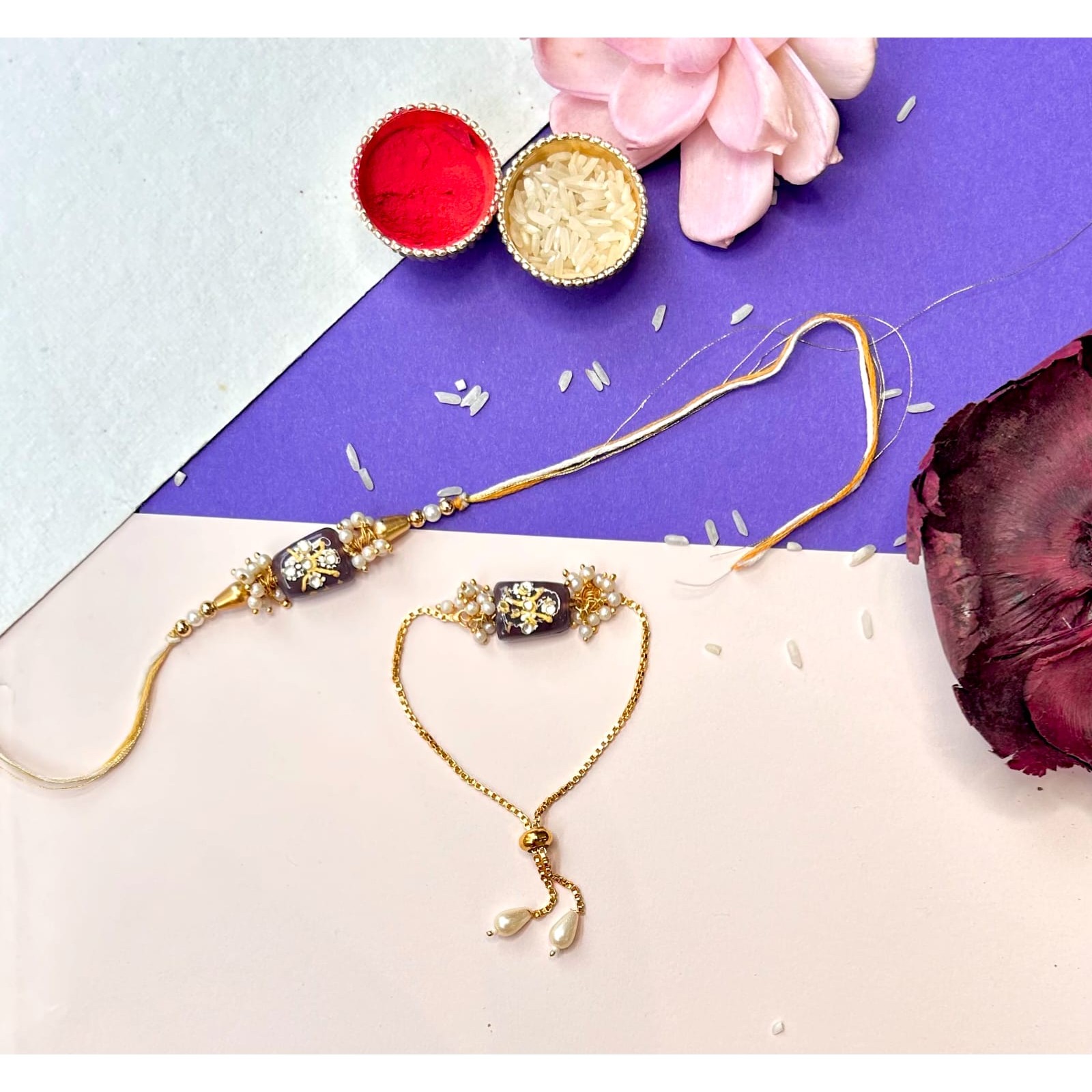 Mauve Tumble Bead Bhaiya bhabi adjustable chain Rakhi
