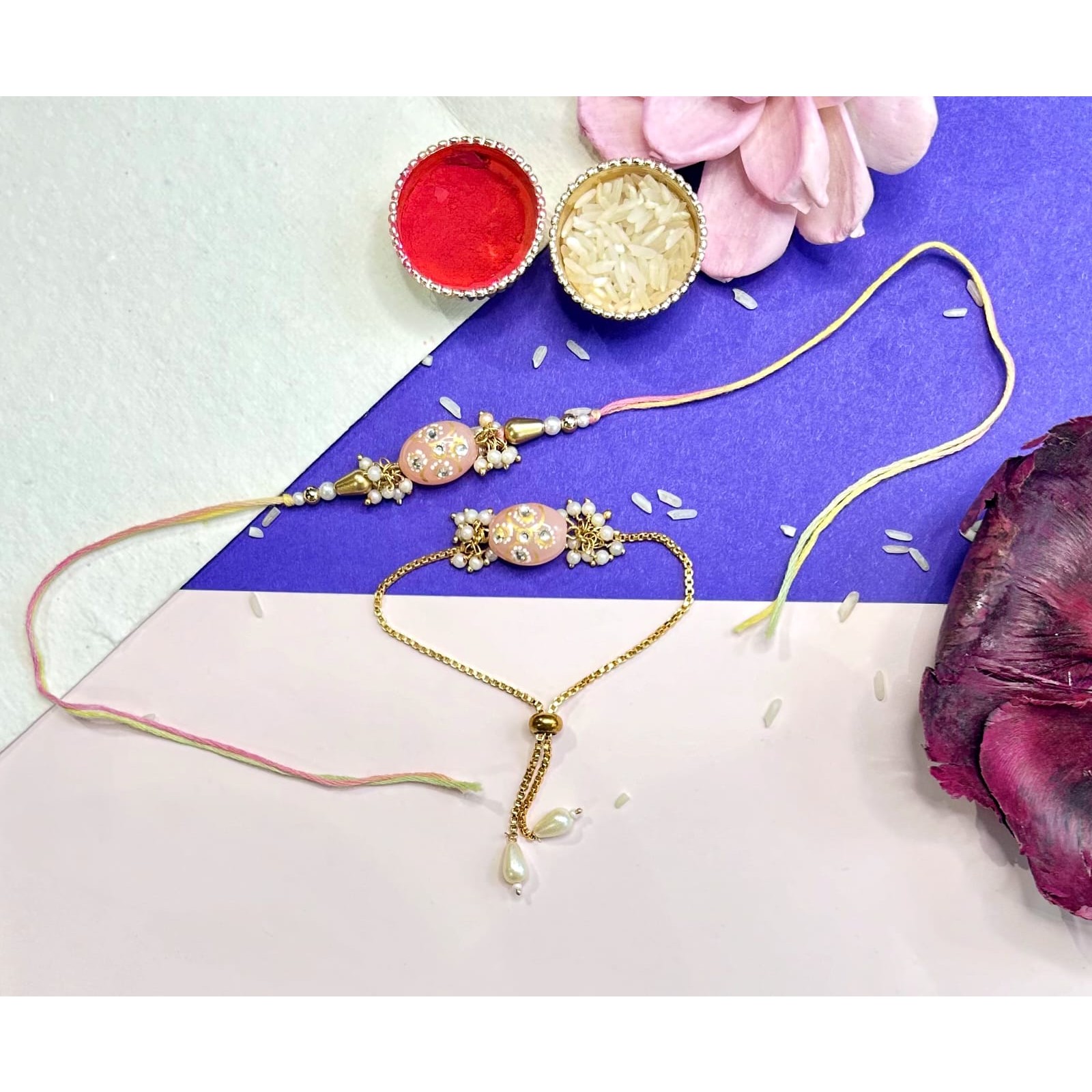 Peach Tumble Bead Bhaiya Bhabi Adjustable Chain Rakhi