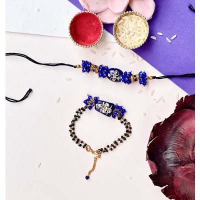 Blue Tumble bead Mangal Sutra Rakhi Pair