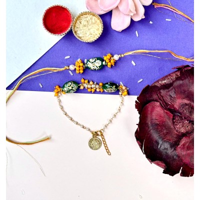 Dark Green Tumble bead Chain Bracket Rakhi