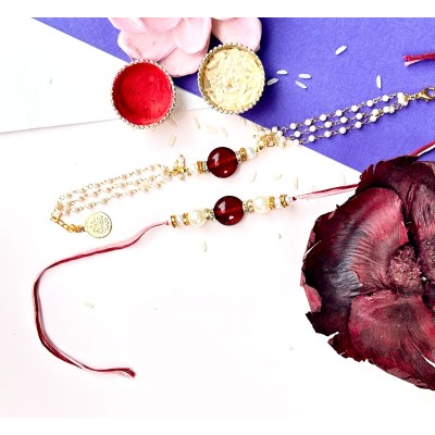 Royal Mahroon Pearl Bhaiya-Bhabhi Rakhi Set