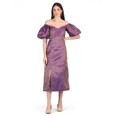 PURPLE BROCADE PUFF SLEEVE DRESS