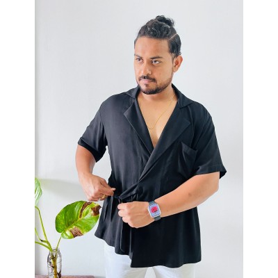 Tie Knot Cuban Collar Ovelap Mens Shirt