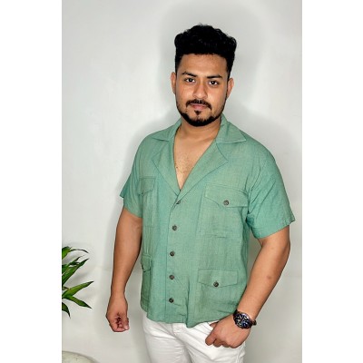 Sage Green Men's Cuban Collar Safari Shirt