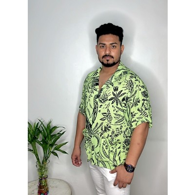 Tropical Print Pastel Green Cuban Collar Shirt